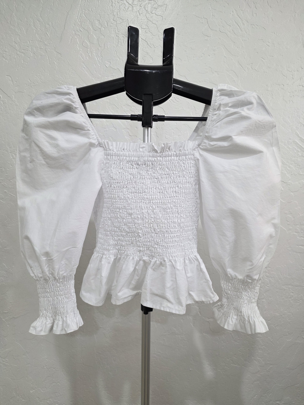 Zara White Smocked Peplum Puff-Sleeve Top